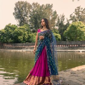 Magenta Silk Half Saree Set with Tissue Silk Dupatta (Set of 3)