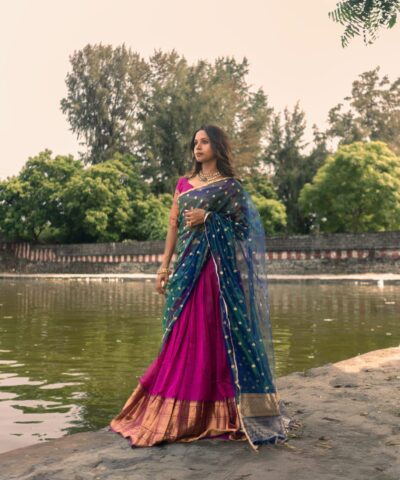 Magenta Silk Half Saree Set with Tissue Silk Dupatta (Set of 3)