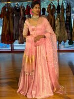 Pink Heavy Embroidered Silk Lehenga (Set of 3)