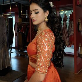 Orange Embroidered Silk Lehenga Set of 2