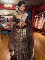 Brown Silk Embroidered Lehenga (Set of 3) - Image 5