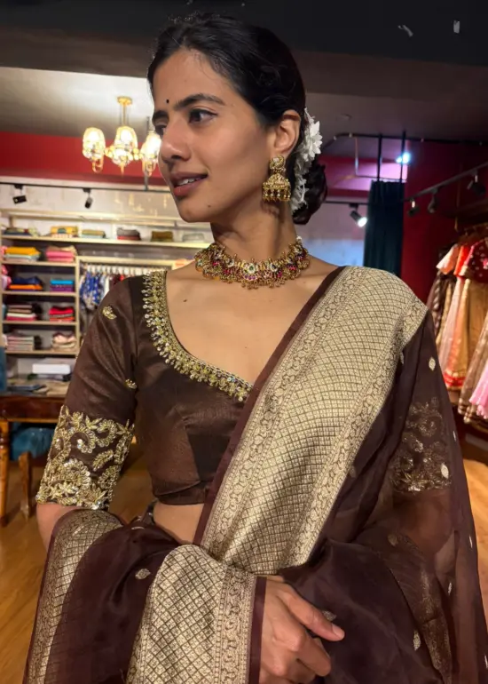 Brown Silk Embroidered Lehenga (Set of 3)