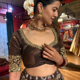 Brown Embroidered Silk Lehenga (Set of 2)