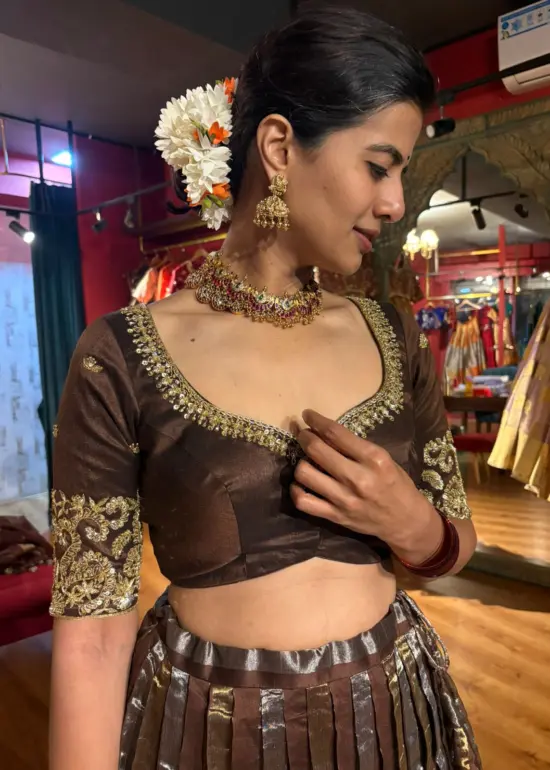 Brown Embroidered Silk Lehenga (Set of 2)
