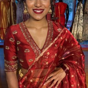 Maroon  Embroidered Tissue Silk Lehenga Set of 3