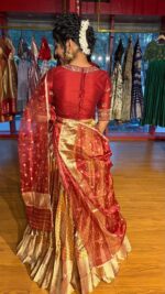 Maroon  Embroidered Tissue Silk Lehenga Set of 3 - Image 8