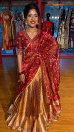 Maroon  Embroidered Tissue Silk Lehenga Set of 3 - Image 3