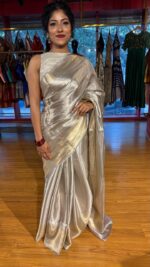Silver Grey Banarasi Brocade Silk Saree - Image 7
