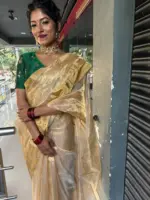 Gold Handwoven Tissue Silk Saree with Beautiful Paithani Weaves - Image 7