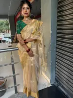 Gold Handwoven Tissue Silk Saree with Beautiful Paithani Weaves - Image 8