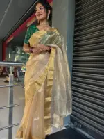 Gold Handwoven Tissue Silk Saree with Beautiful Paithani Weaves - Image 4