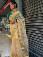 Gold Handwoven Tissue Silk Saree with Beautiful Paithani Weaves - Image 9