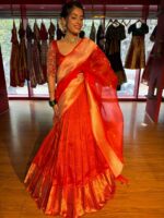 Orange Embroidered Silk Lehenga Set of 3