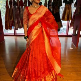 Orange Embroidered Silk Lehenga Set of 3