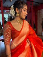 Orange Embroidered Silk Lehenga Set of 3 - Image 10