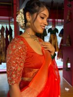 Orange Embroidered Silk Lehenga Set of 3 - Image 4