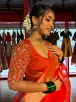 Orange Embroidered Silk Lehenga Set of 3 - Image 3