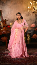Pink Heavy Embroidered Silk Lehenga (Set of 3) - Image 6