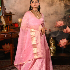 Pink Heavy Embroidered Silk Lehenga (Set of 3)