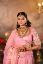 Pink Heavy Embroidered Silk Lehenga (Set of 3) - Image 8