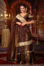 Brown Embroidered Tissue Silk Lehenga Set of 3 - Image 4