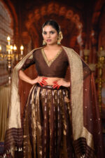 Brown Embroidered Tissue Silk Lehenga Set of 3