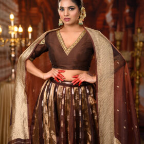 Brown Embroidered Tissue Silk Lehenga Set of 3
