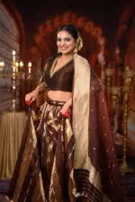 Brown Embroidered Tissue Silk Lehenga Set of 3 - Image 5