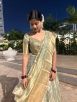 Sea Green Embroidered Tissue Silk Lehenga Set Of 3 - Image 4