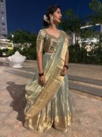 Sea Green Embroidered Tissue Silk Lehenga Set Of 3