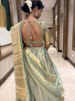 Sea Green Embroidered Tissue Silk Lehenga Set Of 3 - Image 6