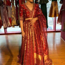 Deep Maroon Silk Embroidered Lehenga Set of 3