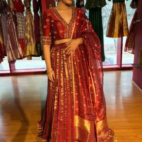 Deep Maroon Silk Embroidered Lehenga Set of 3
