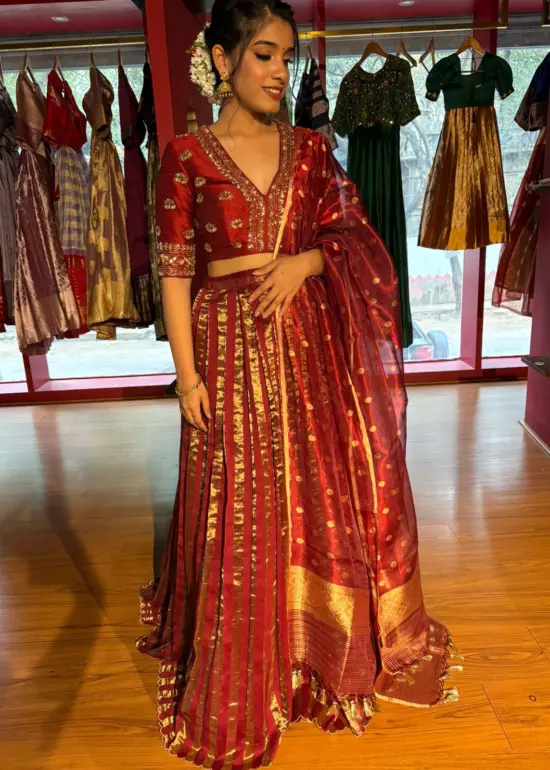 Deep Maroon Silk Embroidered Lehenga Set of 3