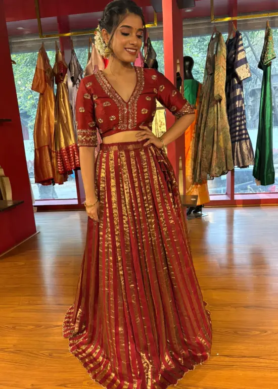 Deep Maroon Silk Embroidered Lehenga Set of 2