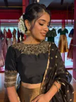 Black Embroidered Tissue Silk Lehenga (Set of 3) - Image 4