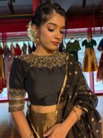 Black Embroidered Tissue Silk Lehenga (Set of 3) - Image 5