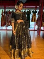 Black Embroidered Tissue Silk Lehenga (Set of 3) - Image 3