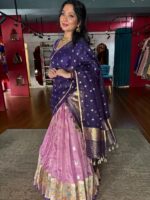 Pink Embroidered Kota Silk Lehenga Set of 3 - Image 7