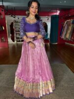 Pink Embroidered Kota Silk Lehenga Set of 2