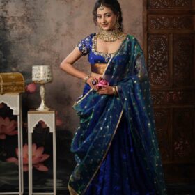Royal Blue Embroidered Silk Lehenga Set of 3
