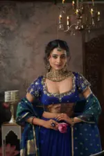 Royal Blue Embroidered Silk Lehenga Set of 3 - Image 6