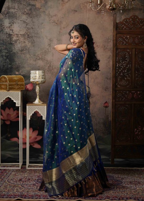 Peacock Dual Tone Tissue Silk Dupatta with Gold Zari Buttis