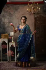 Peacock Dual Tone Tissue Silk Dupatta with Gold Zari Buttis - Image 2