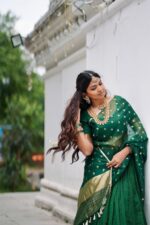 Bottle Green Silk Chequered Lehenga Set of 3 - Image 4