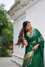 Bottle Green Silk Chequered Lehenga Set of 3 - Image 4