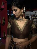 Brown Embroidered Tissue Silk Lehenga Set of 2 - Image 8