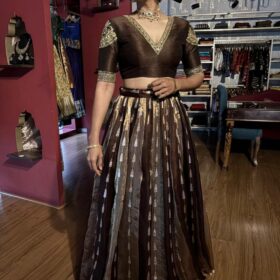 Brown Embroidered Tissue Silk Lehenga Set of 2