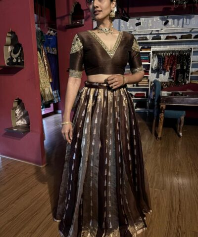 Brown Embroidered Tissue Silk Lehenga Set of 2