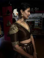 Brown Embroidered Tissue Silk Lehenga Set of 2 - Image 4